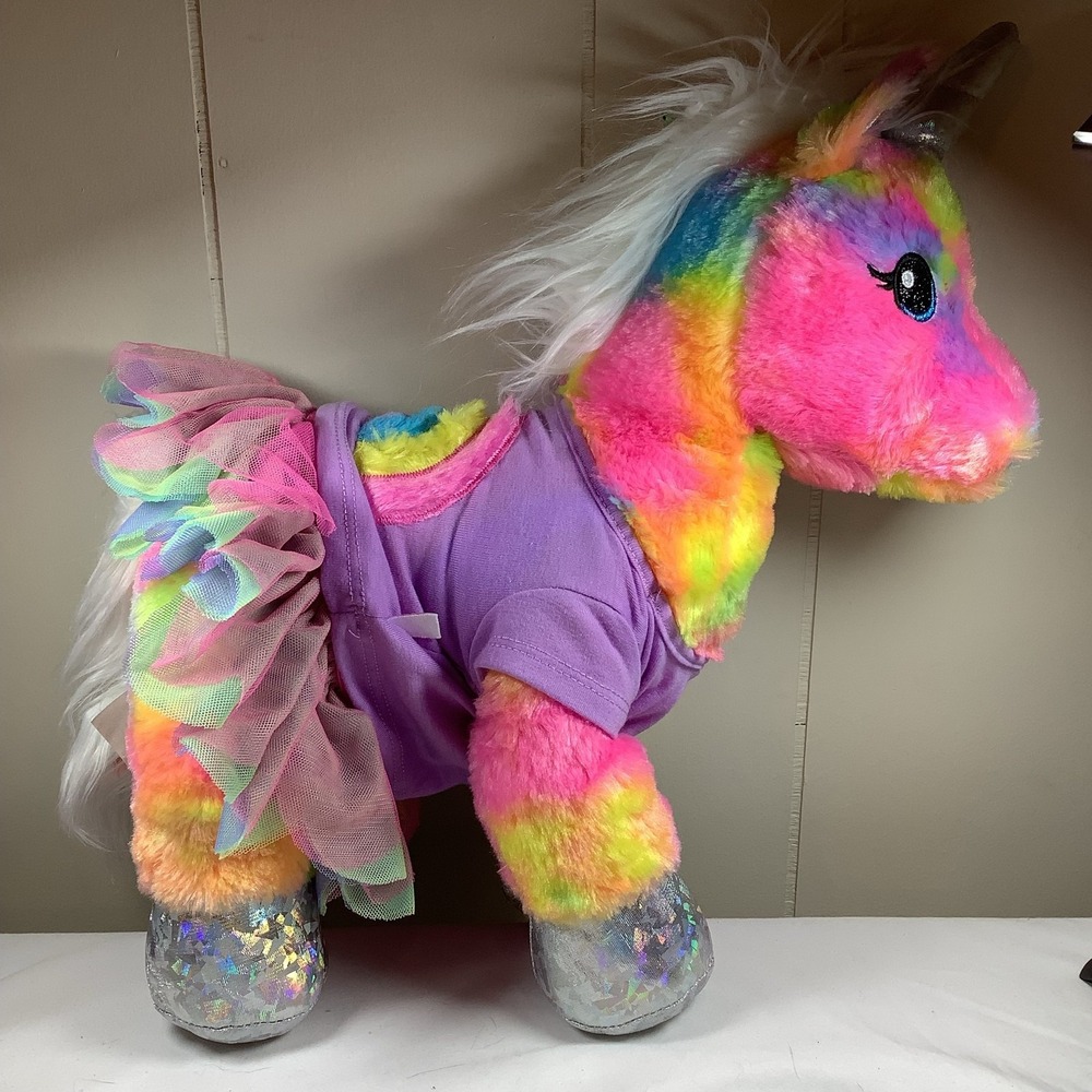 Build-A-Bear Rainbow Tie-Dye Unicorn Plush with Tutu and‎ Purple Shirt BAB